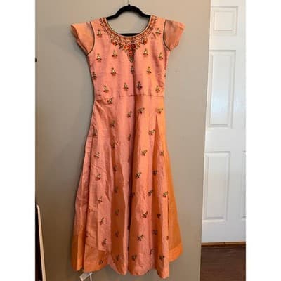 LJ Embroidered Orange Midi Dress Women’s Medium Cap Sleeve Boho EUC