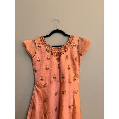LJ Embroidered Orange Midi Dress Women’s Medium Cap Sleeve Boho EUC - Thumbnail 2