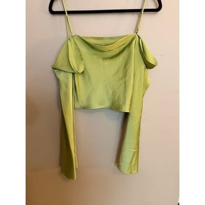 Willow & Root Satin Cold Shoulder Silky Split Bell Sleeves Top Green Small - Thumbnail 10