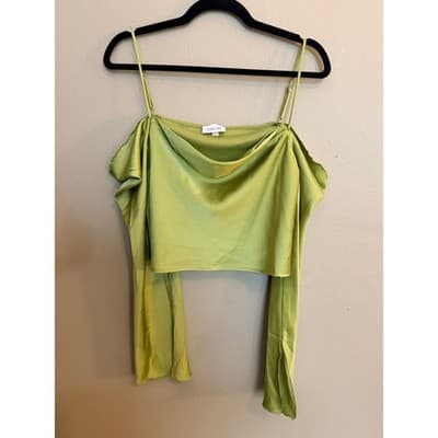 Willow & Root Satin Cold Shoulder Silky Split Bell Sleeves Top Green Small - Thumbnail 9