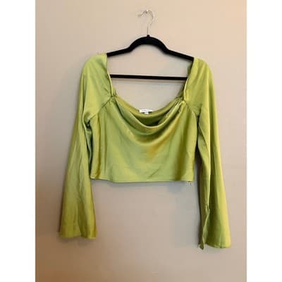 Willow & Root Satin Cold Shoulder Silky Split Bell Sleeves Top Green Small - Thumbnail 2