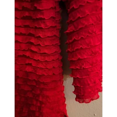 Women's Tiered Raw Edge Ruffled Quater Length Sleeves Top Red M - Thumbnail 3
