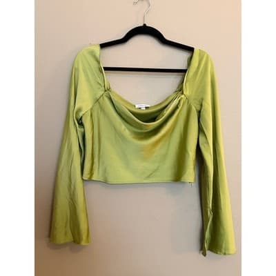 Willow & Root Satin Cold Shoulder Silky Split Bell Sleeves Top Green Small - Thumbnail 3
