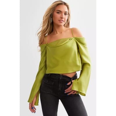 Willow & Root Satin Cold Shoulder Silky Split Bell Sleeves Top Green Small