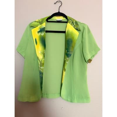 RichSilks Women's Green Short Sleeve Blazer Open Front Floral Trim Jacket M