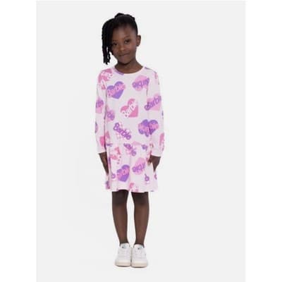 Barbie Toddler Girls Print Drop Waist Long Sleeve Dress Pink 4T NWT