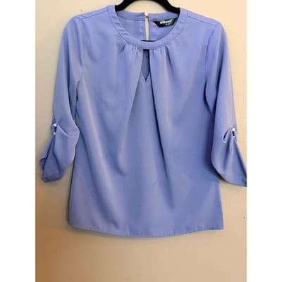 Allegra K Periwinkle Chiffon Three Quarter Sleeve Keyhole Blouse Blue XS NWOT