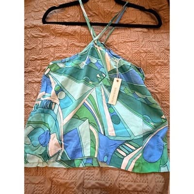 Olivaceous Halter Top Medium Green Blue Abstract Print Tie Summer Crop NWT