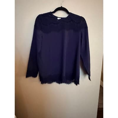Kensie Navy Lace Trim Blouse Small Long Sleeve Crepe Pullover Relaxed Fit