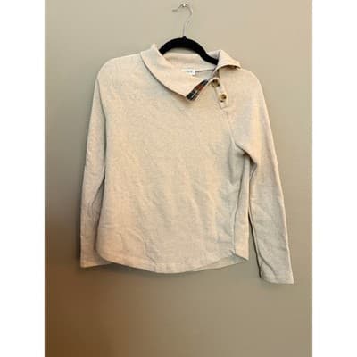 J.Crew Cream Knit Sweatshirt Button Collar Plaid Trim Women’s XXS