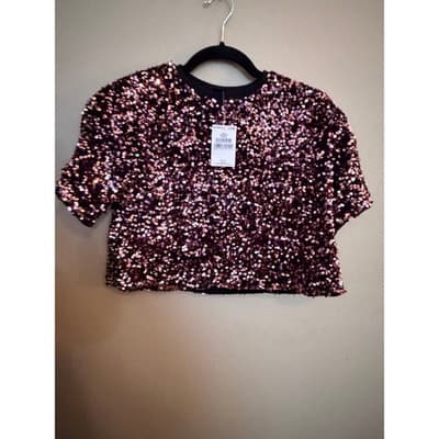 NEXT Girls Pink Sequin Crop Top Size 8 Crew Neck Short Sleeve Pull Over NWT