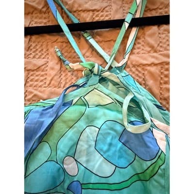 Olivaceous Halter Top Medium Green Blue Abstract Print Tie Summer Crop NWT - Thumbnail 5