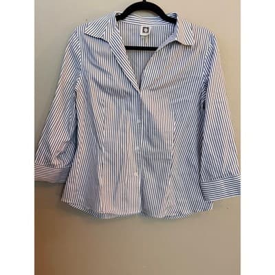 Anne Klein Pinstripe Button Front Blouse Gray White Women’s Medium