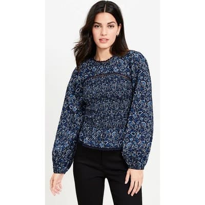 LOFT Smocked Floral Lace Trim Long Sleeve Pullover Blouse Navy Black XS