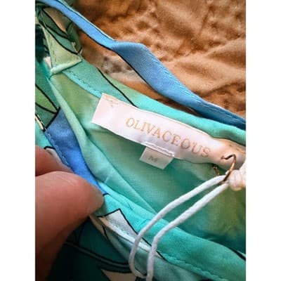 Olivaceous Halter Top Medium Green Blue Abstract Print Tie Summer Crop NWT - Thumbnail 3