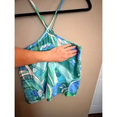Olivaceous Halter Top Medium Green Blue Abstract Print Tie Summer Crop NWT - Thumbnail 4