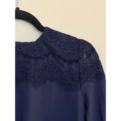 Kensie Navy Lace Trim Blouse Small Long Sleeve Crepe Pullover Relaxed Fit - Thumbnail 5