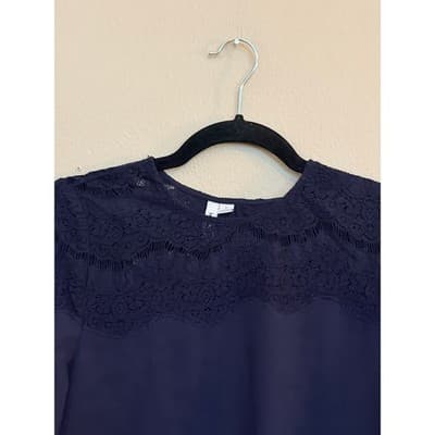 Kensie Navy Lace Trim Blouse Small Long Sleeve Crepe Pullover Relaxed Fit - Thumbnail 6