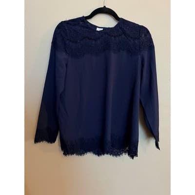 Kensie Navy Lace Trim Blouse Small Long Sleeve Crepe Pullover Relaxed Fit - Thumbnail 2