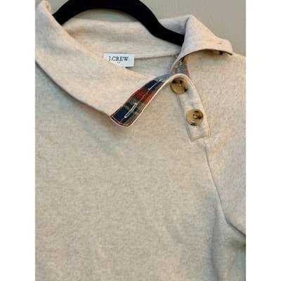 J.Crew Cream Knit Sweatshirt Button Collar Plaid Trim Women’s XXS - Thumbnail 3