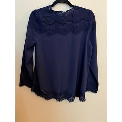 Kensie Navy Lace Trim Blouse Small Long Sleeve Crepe Pullover Relaxed Fit - Thumbnail 10