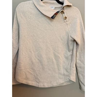 J.Crew Cream Knit Sweatshirt Button Collar Plaid Trim Women’s XXS - Thumbnail 2