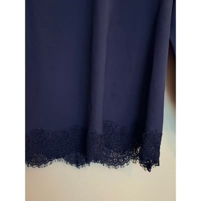 Kensie Navy Lace Trim Blouse Small Long Sleeve Crepe Pullover Relaxed Fit - Thumbnail 4