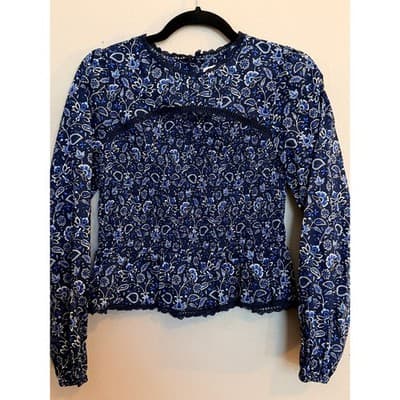 LOFT Smocked Floral Lace Trim Long Sleeve Pullover Blouse Navy Black XS - Thumbnail 3