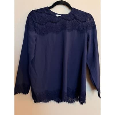 Kensie Navy Lace Trim Blouse Small Long Sleeve Crepe Pullover Relaxed Fit - Thumbnail 3