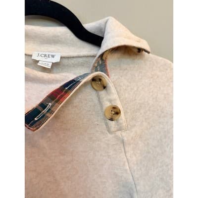 J.Crew Cream Knit Sweatshirt Button Collar Plaid Trim Women’s XXS - Thumbnail 5