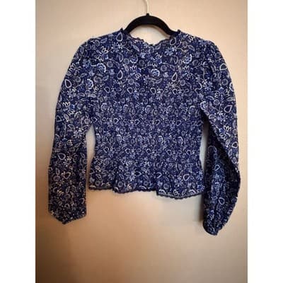 LOFT Smocked Floral Lace Trim Long Sleeve Pullover Blouse Navy Black XS - Thumbnail 10