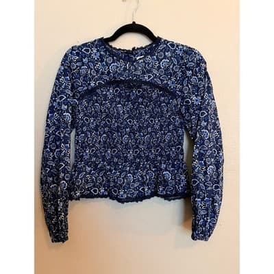 LOFT Smocked Floral Lace Trim Long Sleeve Pullover Blouse Navy Black XS - Thumbnail 2