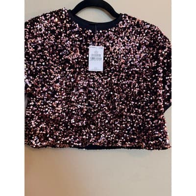 NEXT Girls Pink Sequin Crop Top Size 8 Crew Neck Short Sleeve Pull Over NWT - Thumbnail 2