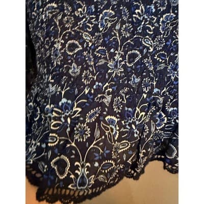 LOFT Smocked Floral Lace Trim Long Sleeve Pullover Blouse Navy Black XS - Thumbnail 9