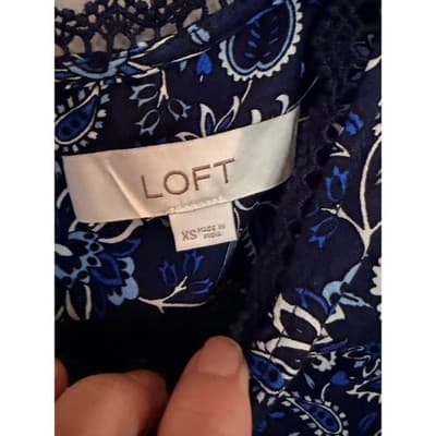 LOFT Smocked Floral Lace Trim Long Sleeve Pullover Blouse Navy Black XS - Thumbnail 8