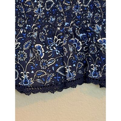 LOFT Smocked Floral Lace Trim Long Sleeve Pullover Blouse Navy Black XS - Thumbnail 5