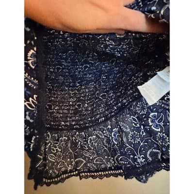 LOFT Smocked Floral Lace Trim Long Sleeve Pullover Blouse Navy Black XS - Thumbnail 14