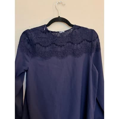 Kensie Navy Lace Trim Blouse Small Long Sleeve Crepe Pullover Relaxed Fit - Thumbnail 12