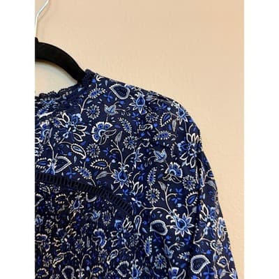 LOFT Smocked Floral Lace Trim Long Sleeve Pullover Blouse Navy Black XS - Thumbnail 7