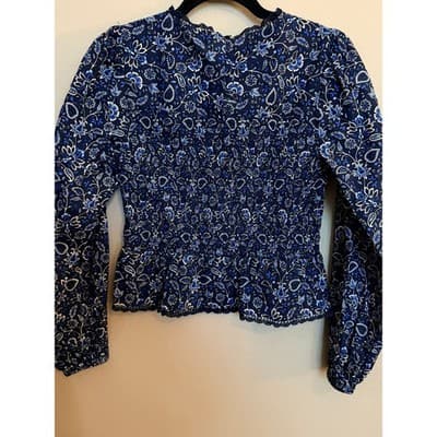 LOFT Smocked Floral Lace Trim Long Sleeve Pullover Blouse Navy Black XS - Thumbnail 11