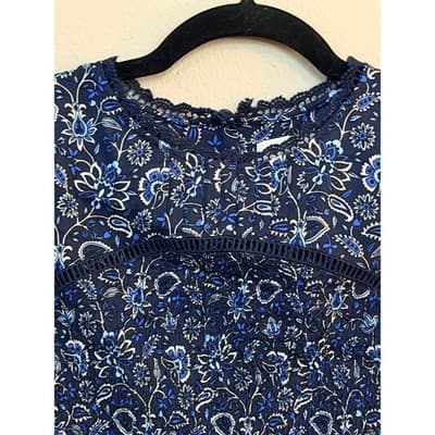 LOFT Smocked Floral Lace Trim Long Sleeve Pullover Blouse Navy Black XS - Thumbnail 6