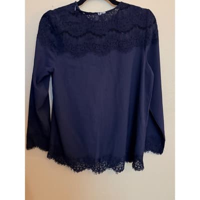 Kensie Navy Lace Trim Blouse Small Long Sleeve Crepe Pullover Relaxed Fit - Thumbnail 11