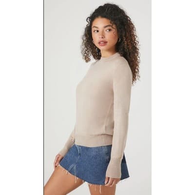 Forever 21 Women’s Lightweight Ribbed Trim Long Sleeve Sweater Beige S