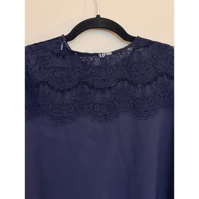 Kensie Navy Lace Trim Blouse Small Long Sleeve Crepe Pullover Relaxed Fit - Thumbnail 13