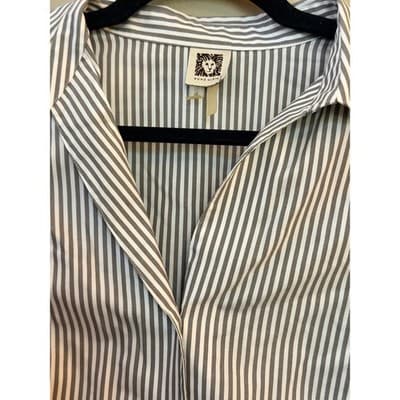 Anne Klein Pinstripe Button Front Blouse Gray White Women’s Medium - Thumbnail 5