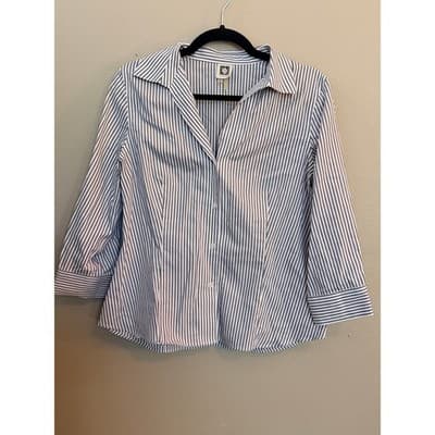 Anne Klein Pinstripe Button Front Blouse Gray White Women’s Medium - Thumbnail 2