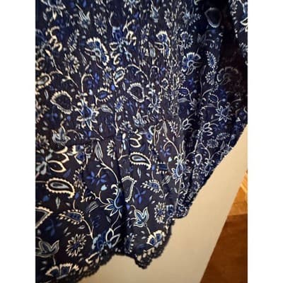 LOFT Smocked Floral Lace Trim Long Sleeve Pullover Blouse Navy Black XS - Thumbnail 13