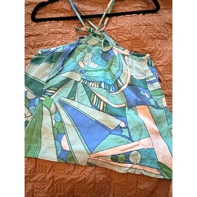 Olivaceous Halter Top Medium Green Blue Abstract Print Tie Summer Crop NWT - Thumbnail 6