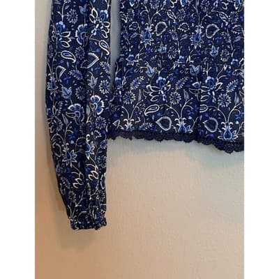 LOFT Smocked Floral Lace Trim Long Sleeve Pullover Blouse Navy Black XS - Thumbnail 4