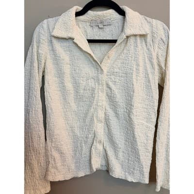 LOFT Women's Petite Button Down Puckered Knit Long Sleeve Blouse Cream XS - Thumbnail 3